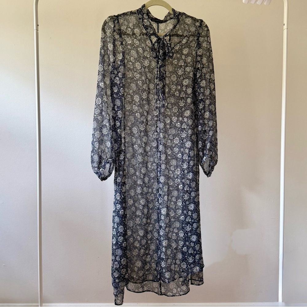 ZARA Basic Navy & White Floral Chiffon Midi Dress - Picture 1 of 9